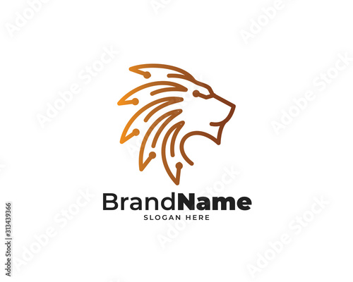 lion tech logo design vector, line art speed technology design