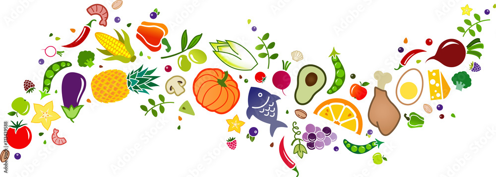 healthy, colorful & balanced diet, food icon banner: flat lay of cartoon  foods and ingredients isolated on white – vector illustration Stock Vector  | Adobe Stock