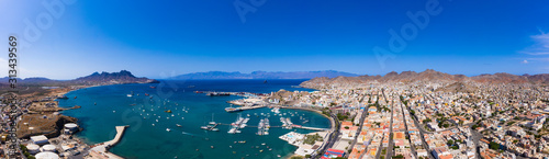 Aerial panoramic view of Mindelo waterfront in Sao Vicente Island in Cape Verde