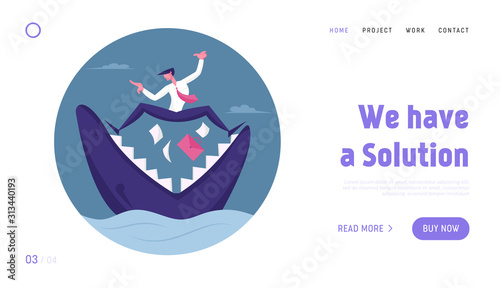 Business Man Trying to Survive in Crisis Website Landing Page. Scared Businessman Stand on Jaws of Shark with Briefcase and Documents Falling in Chops Web Page Banner. Cartoon Flat Vector Illustration
