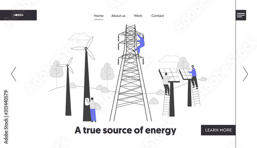 Environmental and Ecology Protection Website Landing Page. Sustainable Green Energy, New Technologies Solar Panels Windmills Electric Tower Web Page Banner. Cartoon Flat Vector Illustration, Line Art