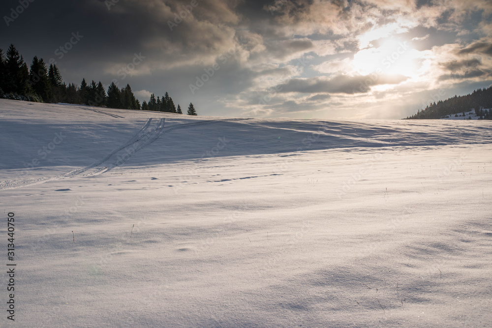 Car tracks in the snow at sunset in the Carpathian mountains.