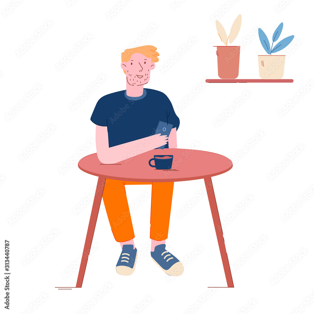 Fototapeta premium Young Man Sitting at Table in Restaurant Drinking Coffee and Chatting in Smartphone. Male Character Use Mobile Phone in Cafe. Business Lunch Time, Relaxing Person. Cartoon Flat Vector Illustration
