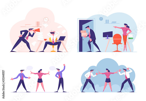 Set of Businesspeople Working Failures and Frustration. Boss Crying on Worker to Megaphone, Employee Get Fired from Job, Colleagues Quarrel and Prepare to Fighting. Cartoon Flat Vector Illustration