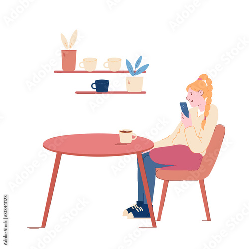 Young Woman Visiting Restaurant or Cafe. Female Character Sitting at Table with Coffee Cup Holding Smartphone in Hand. Girl Have Relaxing Sparetime in Cafeteria. Cartoon Flat Vector Illustration