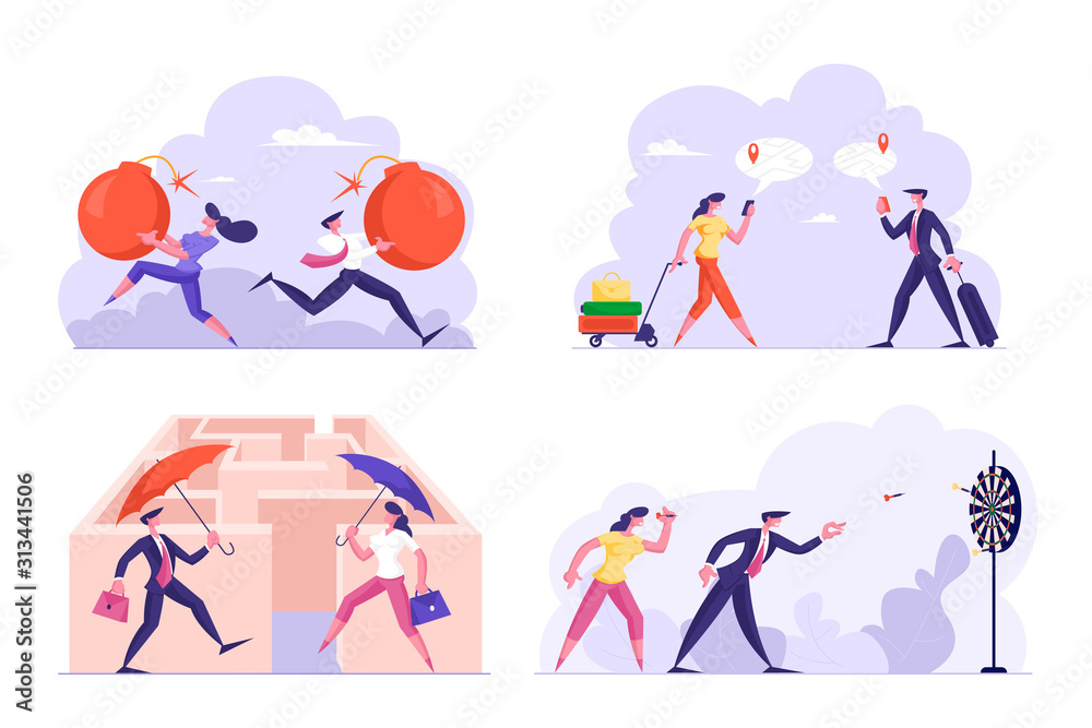 Fototapeta premium Set of Businesspeople Tax Payment, Gps Navigator Using, Choosing Way in Labyrinth, Playing Darts Isolated on White Background. Business Man and Woman Office Lifestyle. Cartoon Flat Vector Illustration