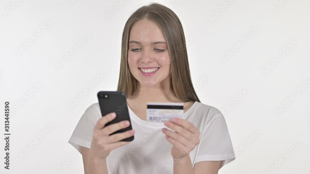 Online Payment on Smartphone by young Woman, White Background Online Payment on Smartphone by young Woman, White Background