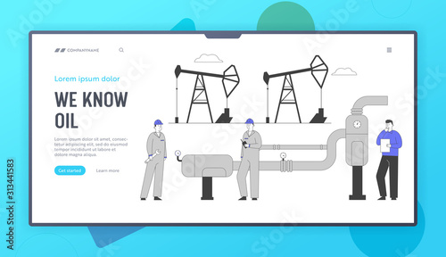 Gas Industry Technician Maintenance Service Website Landing Page. Workers Gasmen and Engineer Stand near Gas Facility Station at Plant Web Page Banner. Cartoon Flat Vector Illustration, Line Art