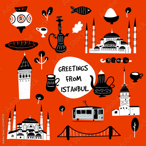 Greetings from Istanbul. Funny vector illustration of Istanbul attractions and landmarks.