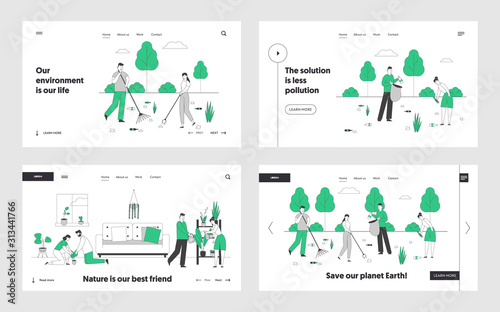 Ecology Protection Charity, Gardening Website Landing Page Set. Volunteers Cleaning Garbage, Collecting Trash to Sack, Couple Care of Plants Web Page Banner. Cartoon Flat Vector Illustration, Line Art