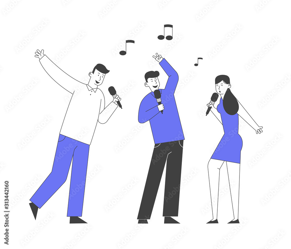Happy Friends Company Holding Microphones Singing in Karaoke Club Having Active Weekend Sparetime or Celebrate Holidays. Corporate Party Celebration, Relax Cartoon Flat Vector Illustration, Line Art Happy Friends Company Holding Microphones Singing in Karaoke Club Having Active Weekend Sparetime or Celebrate Holidays. Corporate Party Celebration, Relax Cartoon Flat Vector Illustration, Line Art