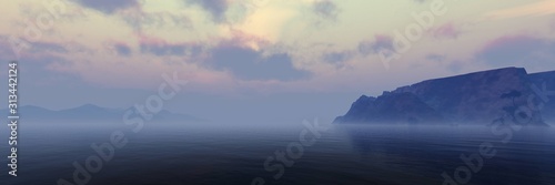 Seascape  foggy coast  rocky coast  3D rendering.