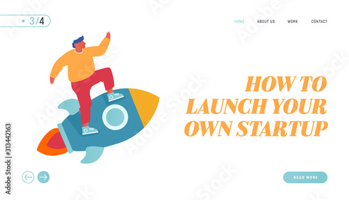 Creative Business Innovation, New Successful Project Startup Website Landing Page. Business Man Character Flying on Rocket to Aim. Marketing Strategy Web Page Banner. Cartoon Flat Vector Illustration