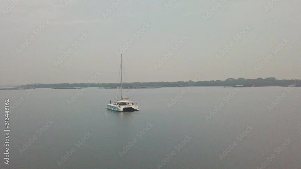 White Ship On Lake - Aerial View - Pan Left To Right White Ship On Lake - Aerial View - Pan Left To Right