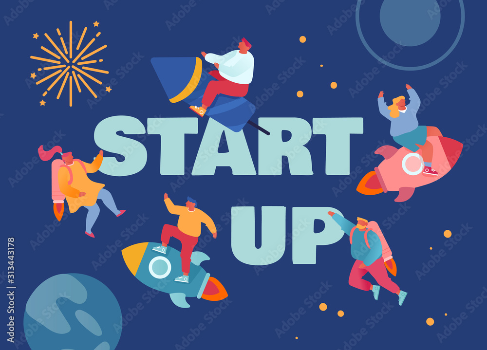 Start Up, Corporate Competition Concept. Business People Flying with Rocket Engine and Jetpack in Open Space. Office Workers Challenge Poster Banner Flyer Brochure. Cartoon Flat Vector Illustration