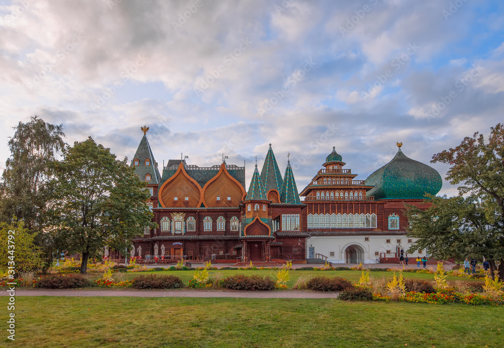 Wooden Palace of Tsar Alexei Mikhailovich in the Museum-reserve Kolomenskoye. Kolomenskiy Palace in the evening.