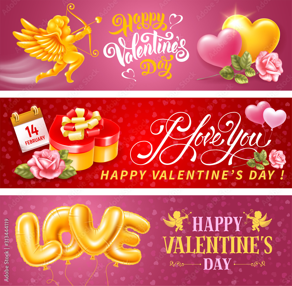 Valentines Day Horizontal Banners Set - obrazy, fototapety, plakaty 