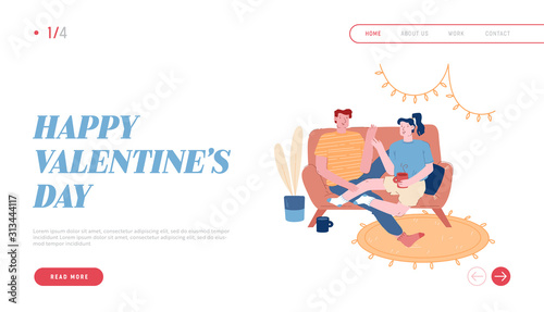 Love Leisure Family Sparetime Website Landing Page. Young Loving Couple Sitting on Couch in Living Room Drinking Tea, Chatting on Weekend Evening Web Page Banner. Cartoon Flat Vector Illustration