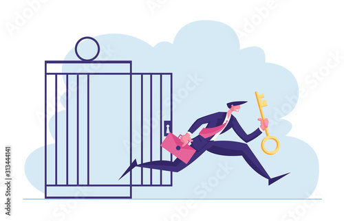 Financial Freedom Concept. Businessman with Golden Key Get Out of Metal Cage. Business Man Escape Limitations Having Creative Solution for Finance Success Achievement Cartoon Flat Vector Illustration