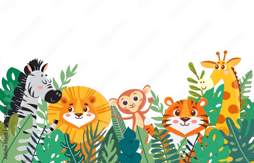 Wild jungle animals in tropical leaves. Leaves border with tiger and lion, zebra and giraffe, monkey. Cartoon vector illustration. Banner - obrazy, fototapety, plakaty 