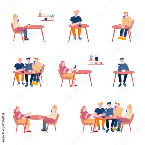 Set of Men and Women Friends Companies Sitting in Cafe, Messaging Online in Social Networks, Chatting and Using Mobile Phones, Drinking Coffee. Relaxing Recreation Cartoon Flat Vector Illustration