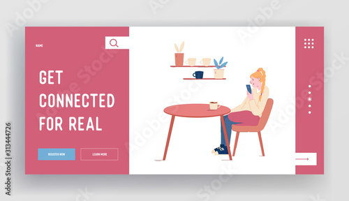 Girl Have Relaxing Sparetime in Cafeteria Website Landing Page. Young Woman Visiting Restaurant or Cafe Sitting at Table with Coffee Cup and Smartphone Web Page Banner Cartoon Flat Vector Illustration