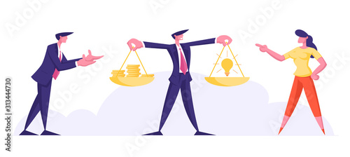 Crowdfunding, Profitable Idea Concept. Businessman and Businesswoman Stand at Scales with Money Coins and Glowing Light Bulb on Scalepans. Crowd Funding, Sponsorship. Cartoon Flat Vector Illustration