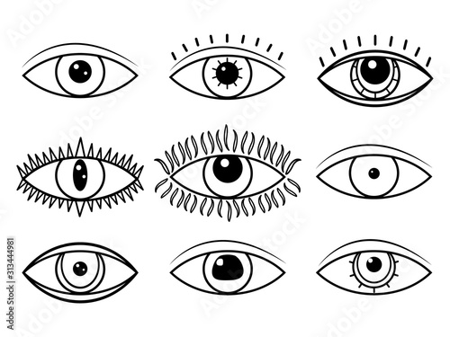Seeing eye symbol set. Occult mystic emblem. Esoteric sign alchemy, providence sight, decorative style. Vector icon illustration isolated