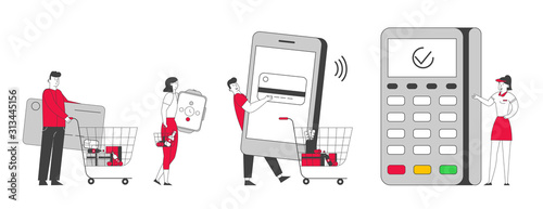 Customers Stand in Queue in Supermarket Prepare Credit Card, Smart Watch and Smartphone for Cashless Paying at Cashier desk. Saleswoman Hold Pos Terminal Cartoon Flat Vector Illustration, Line Art