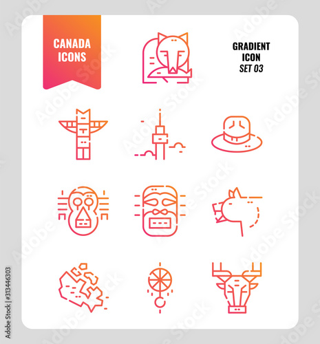 Canada icon set 3. Include Canada map  aboriginal  bear and more. Gradient icons Design. vector