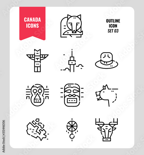 Canada icon set 3. Include Canada map, aboriginal, bear and more. Outline icons Design. vector