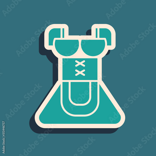 Green Traditional Oktoberfest folk costume for women called dirndl icon isolated on blue background. Traditional Bavarian clothing. Long shadow style. Vector Illustration