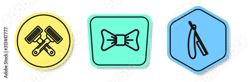 Set line Crossed shaving razor, Bow tie and Straight razor. Colored shapes. Vector