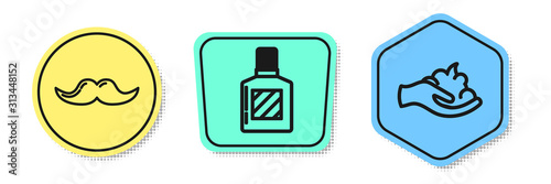 Set line Mustache, Aftershave and Shaving gel foam on hand. Colored shapes. Vector