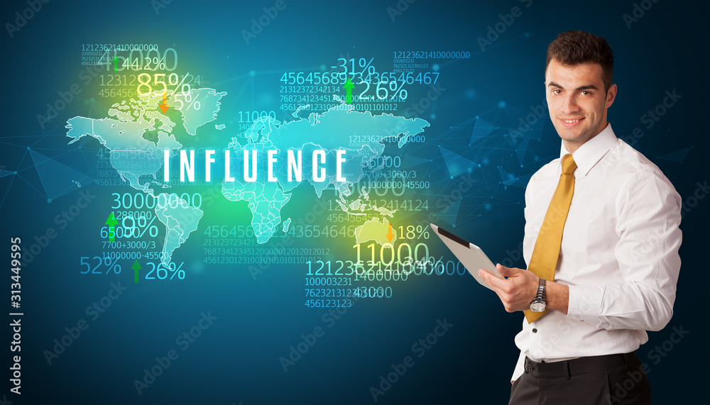 Businessman in front of a decision with INFLUENCE inscription, business concept Businessman in front of a decision with INFLUENCE inscription, business concept