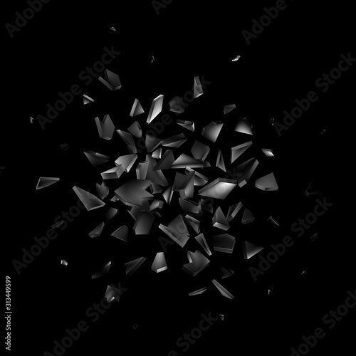Broken, shatter glass isolated on black background. Abstract explosion. Vector illustration