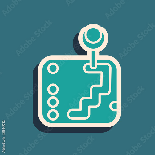 Green Gear shifter icon isolated on blue background. Transmission icon. Long shadow style. Vector Illustration