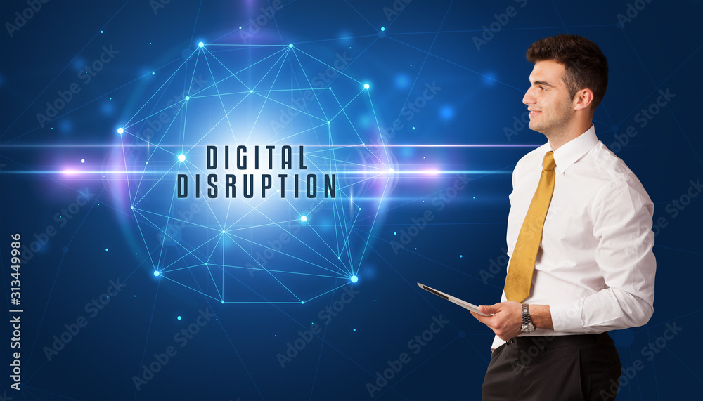 Businessman thinking about security solutions with DIGITAL DISRUPTION inscription Businessman thinking about security solutions with DIGITAL DISRUPTION inscription