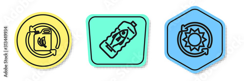 Set line Bio fuel canister, Stop ocean plastic pollution and Solar energy panel. Colored shapes. Vector