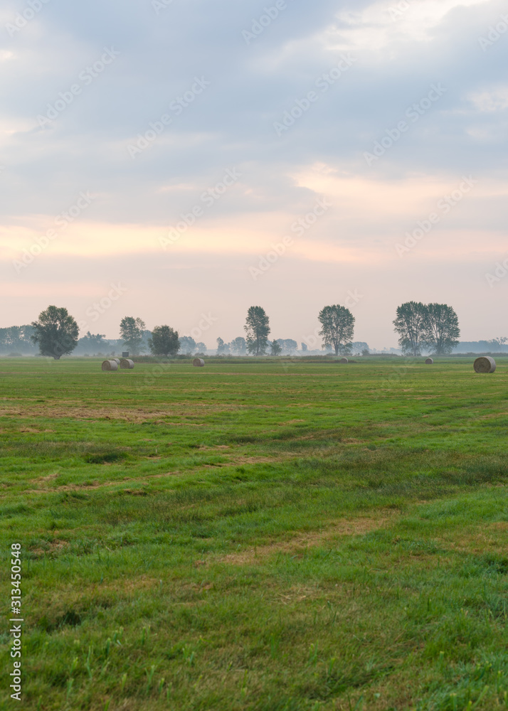 Hay bales in fog on a harvested field on autumn morning Hay bales in fog on a harvested field on autumn morning