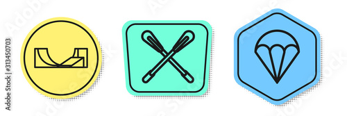 Set line Skate park, Crossed paddle and Parachute. Colored shapes. Vector