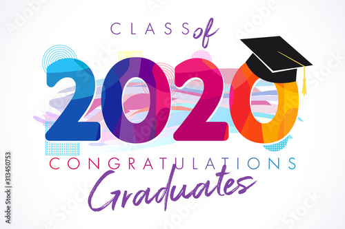 Class of 2020 year graduation banner, awards concept. T-shirt idea, holiday coloured invitation card bright emblem. Isolated numbers, abstract graphic design template. Brush strokes, white background.