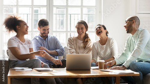 Smiling multiethnic young people have fun studying together