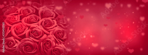 Valentine Card - Roses And Hearts On Romantic Background. Horizontal banner. Valentines Day Concept.