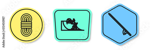 Set line Climber rope, Bicycle on street ramp and Surfboard. Colored shapes. Vector