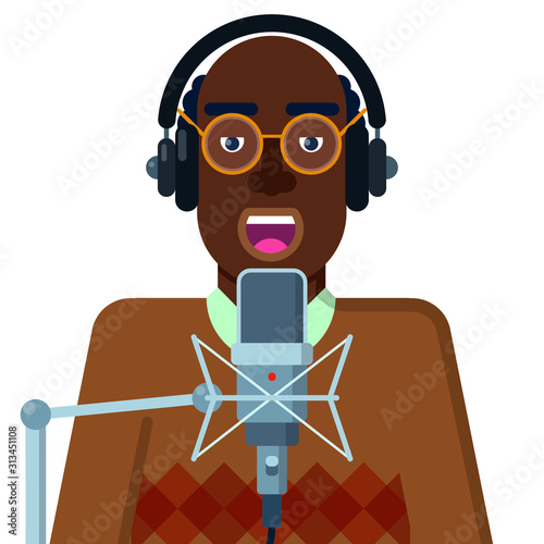 vector illustration with person speaking into microphone and wearing headphones