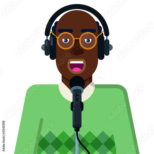 vector illustration with person speaking into microphone and wearing headphones