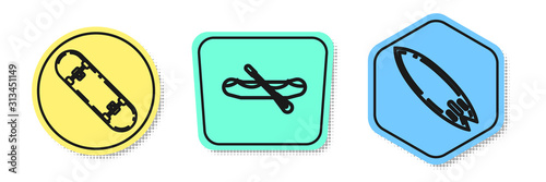Set line Skateboard trick, Rafting boat and Surfboard. Colored shapes. Vector