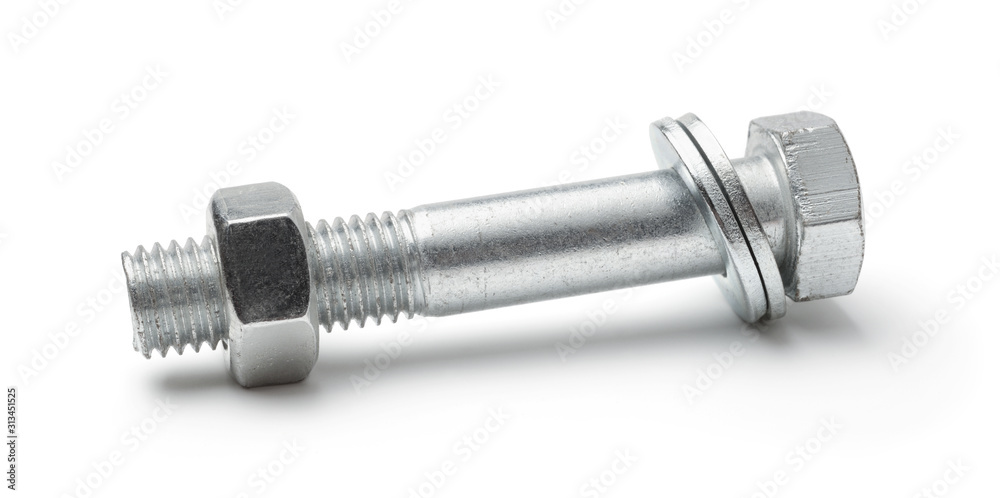 Metal bolt, nut and washers isolated on a white Metal bolt, nut and washers isolated on a white