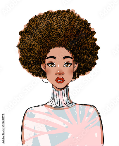 Portrait of a beautiful black woman model. Modern afro american girl with curly hair. Vector illustration isolated on a white background.